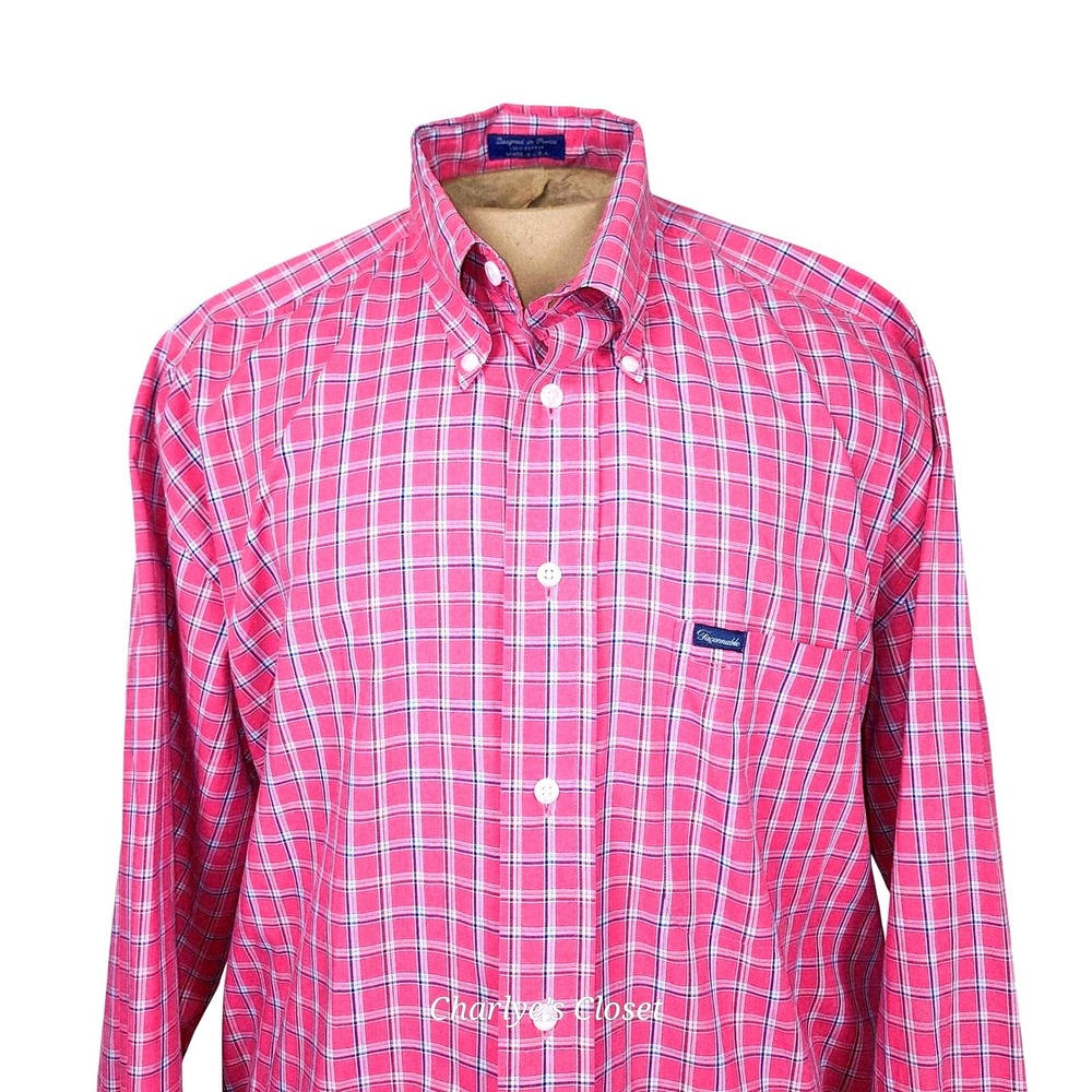 Faconnable Mens Button Down Shirt XL Pink Plaid Cotton Resortcore Made in USA - Picture 5 of 8